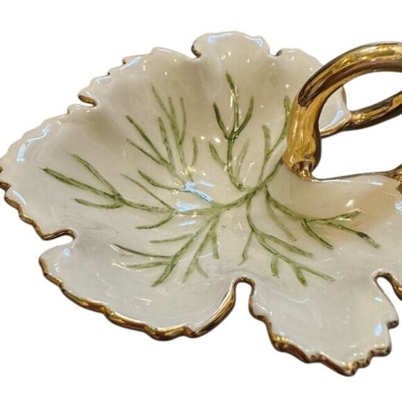Vintage Leaf-Shaped Ceramic Dish With Gold Handle & Trim - Picture 1 of 6